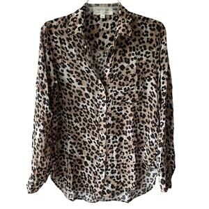 Cloth & Stone Blouse Top Leopard Print Semi Sheer Long Sleeve Brown Black XS